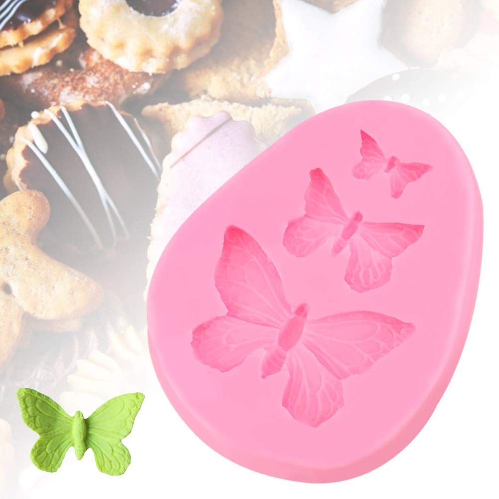 Pink mini butterfly fondant mold for cake decorating, gummy candy, chocolate, and polymer clay baking projects.