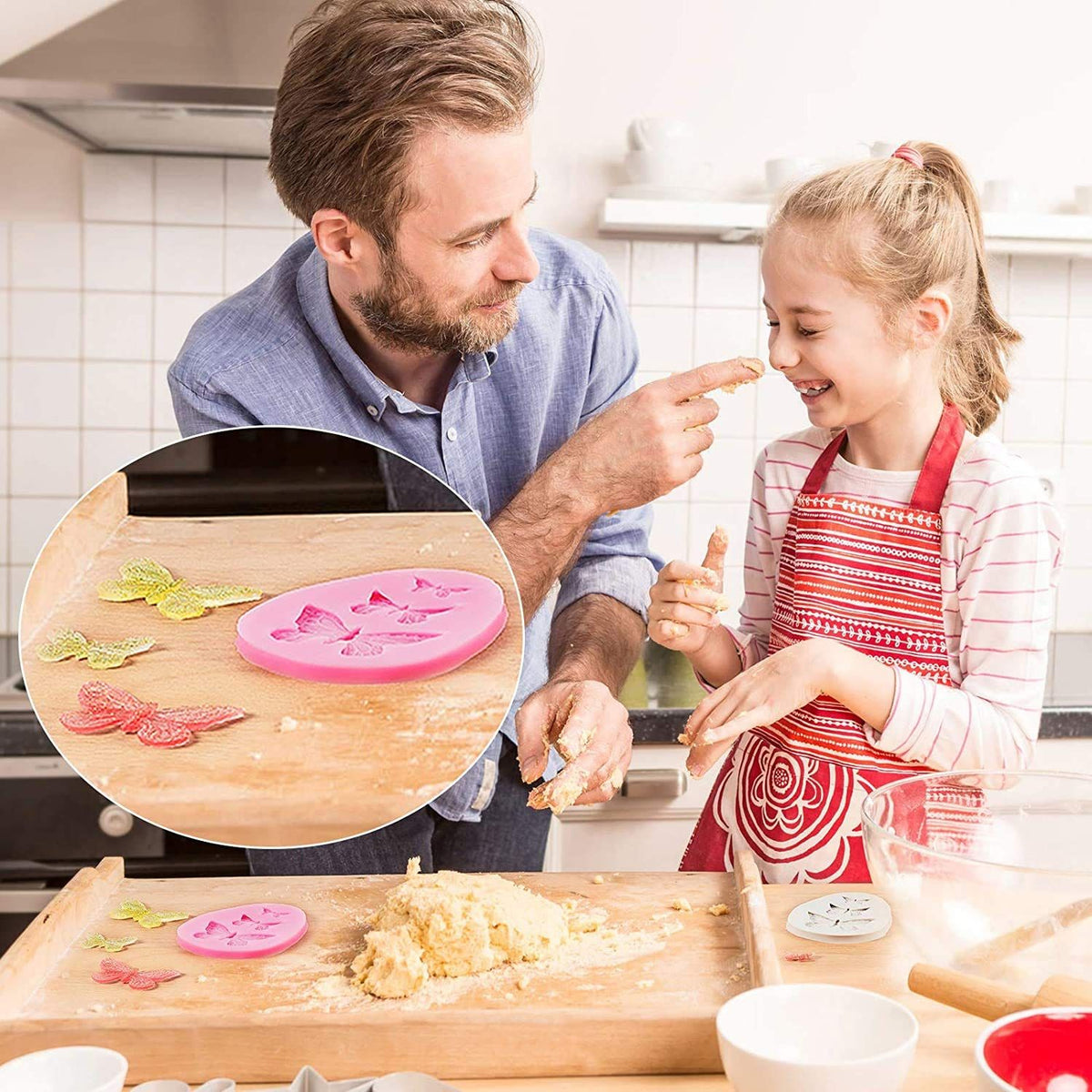 Pink butterfly fondant mold for cake decorating, gummy candy, chocolate, and polymer clay baking, ideal for baby and kids' treats.