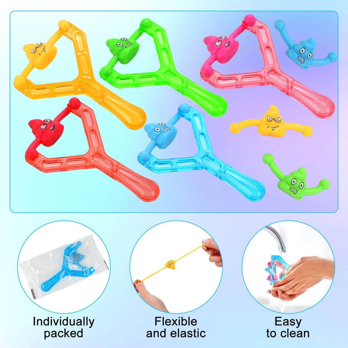 Five mini rubber finger flying poop toys from Everything Baby, stretchy and squishy for kids and adults, fun prank and stress relief toy.