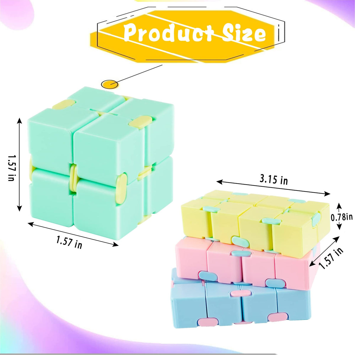 Colorful cube puzzle toys for kids and adults, designed for stress relief, anxiety, and fun, featuring flip and magic puzzle elements.