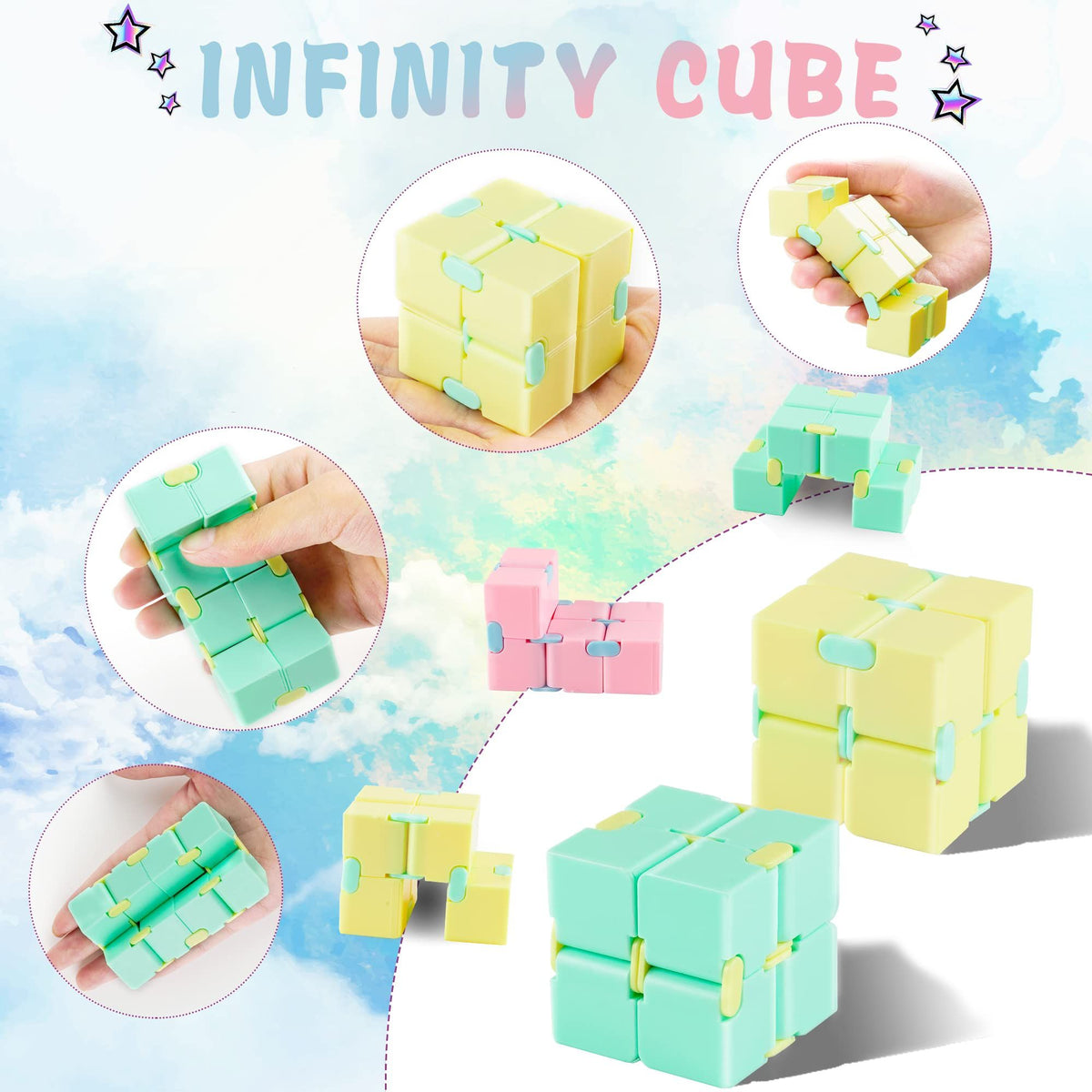 Four colorful cube puzzle toys for kids and adults, designed for stress relief, sensory play, and fun by Everything Baby.