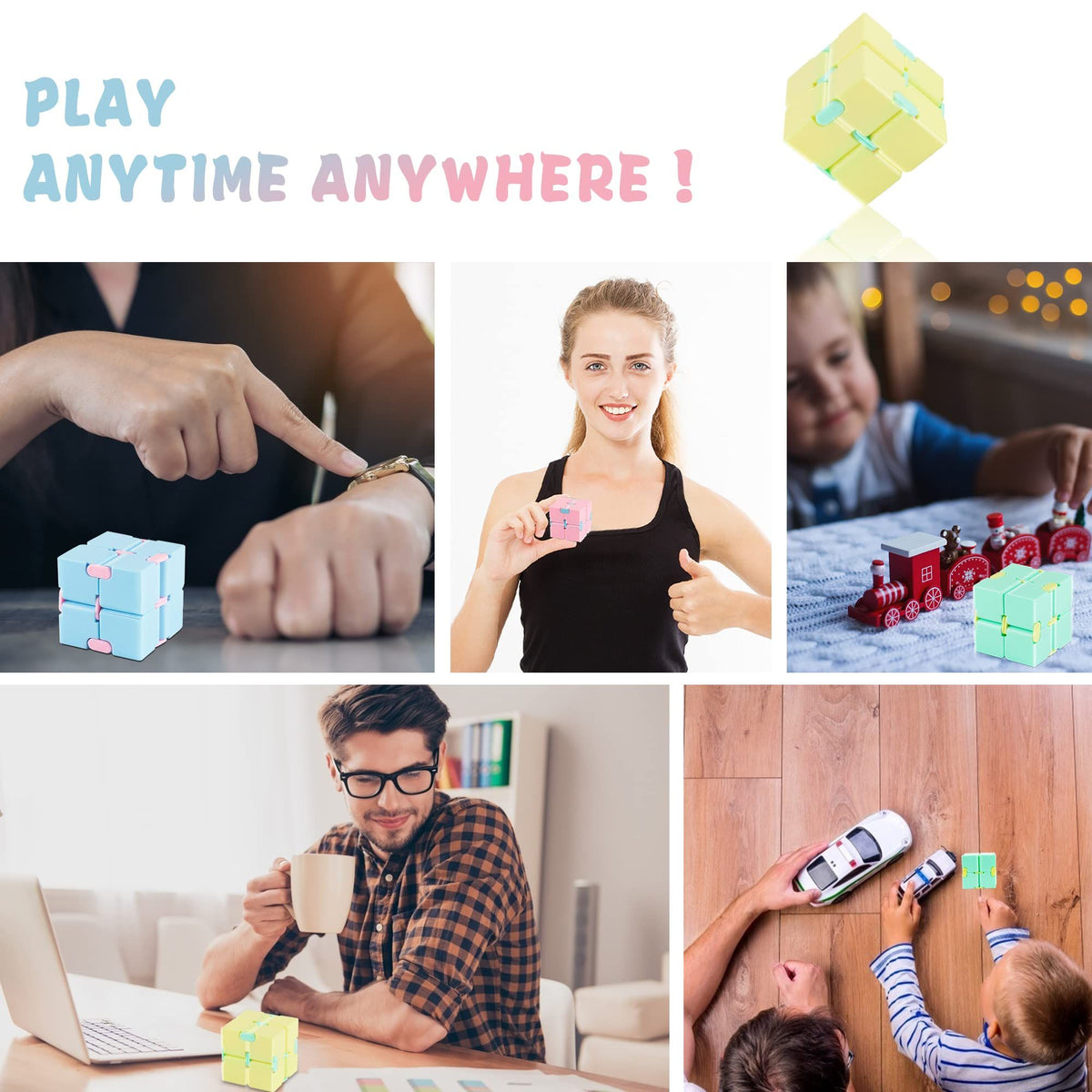 Colorful cube puzzle toys for kids and adults, stress relief and sensory play, featuring flip and magic puzzle design.