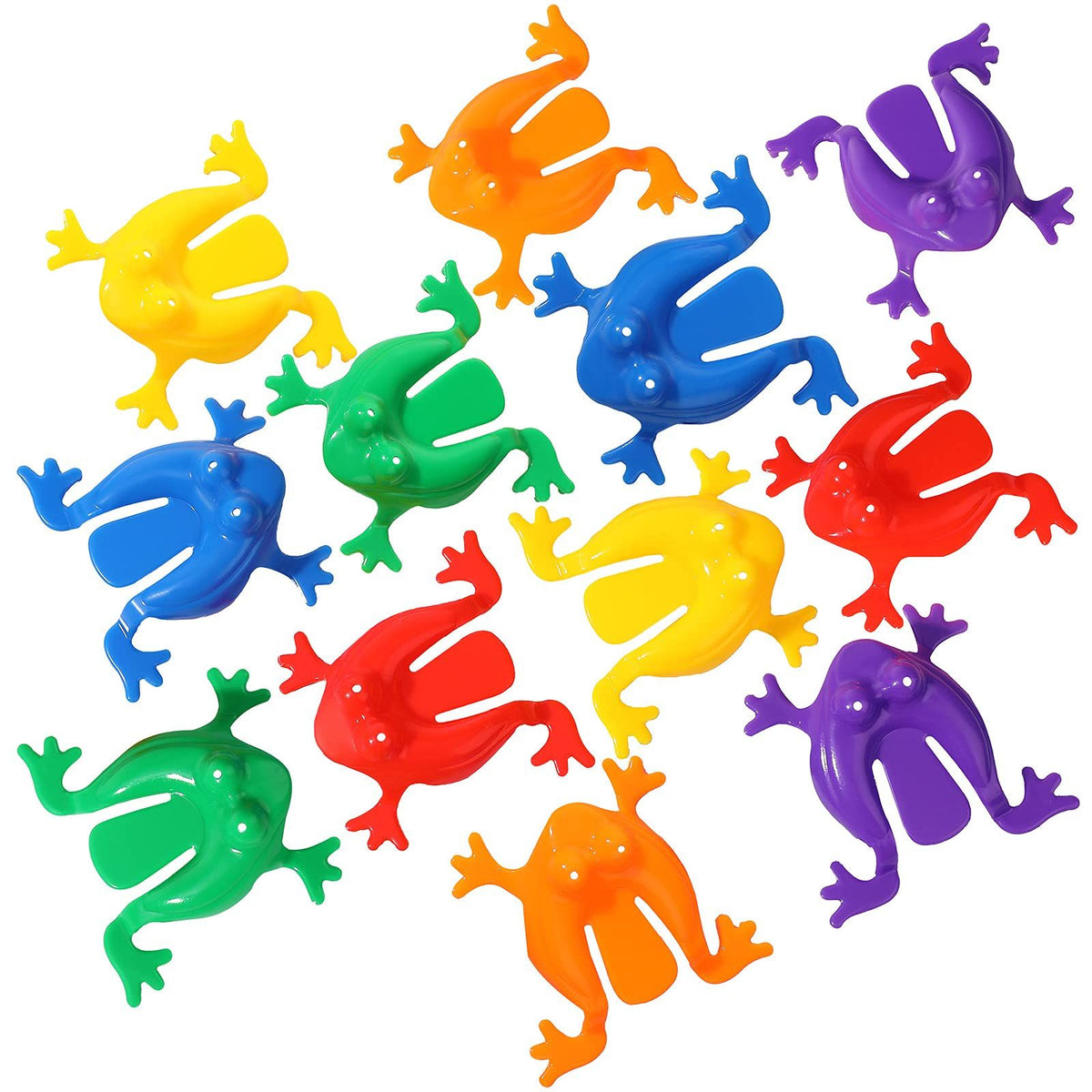 Set of 12 colorful plastic frog toys, 2 inches tall, perfect for pretend play and kids' birthday or school activities.
