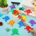 Set of 12 colorful plastic frog toys, 2 inches tall, for pretend play and kids' activities, featuring jumping frogs in assorted colors.