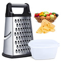 Stainless steel 4-sided cheese grater with detachable container, ideal for shredding cheese and food prep.