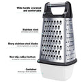 Four-sided stainless steel cheese grater with detachable container, ideal for shredding cheese and food prep.