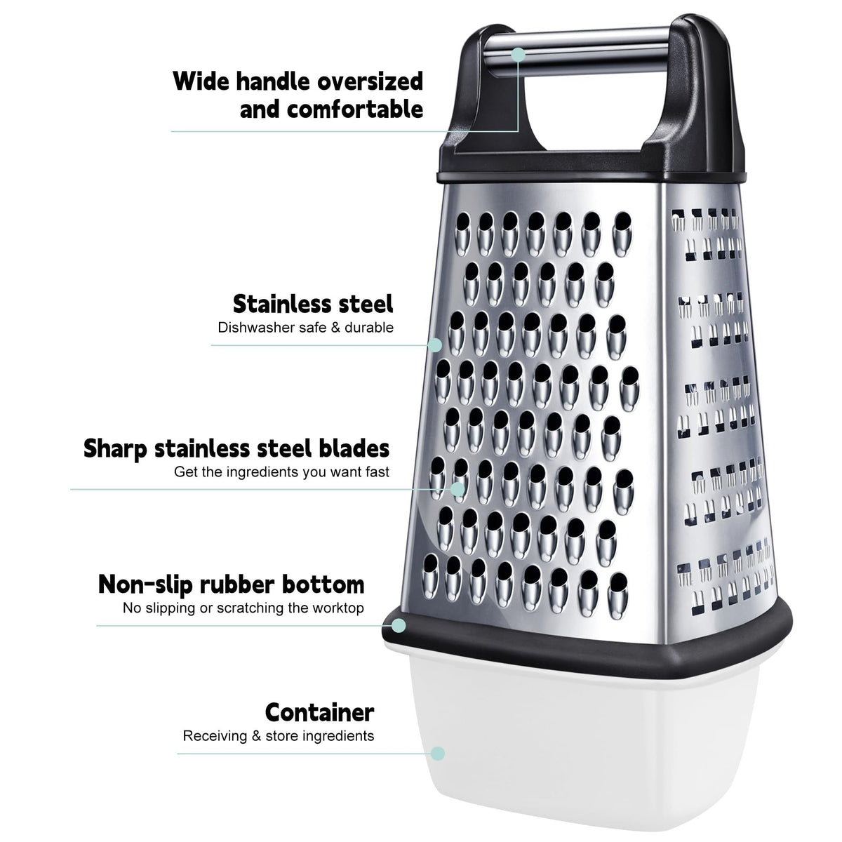 Four-sided stainless steel cheese grater with detachable container, ideal for shredding cheese and food prep.