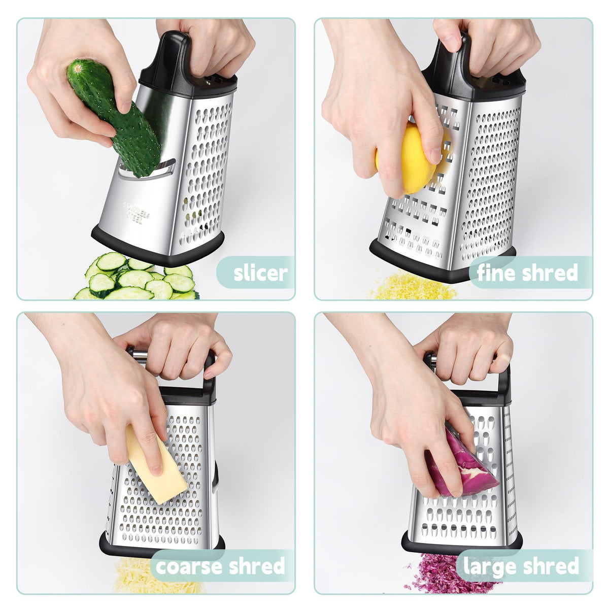 Stainless steel 4-sided cheese grater with detachable container, ideal for shredding cheese and food prep.