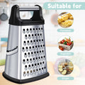Stainless steel 4-sided cheese grater with detachable container, ideal for shredding cheese and food prep for babies and kids.