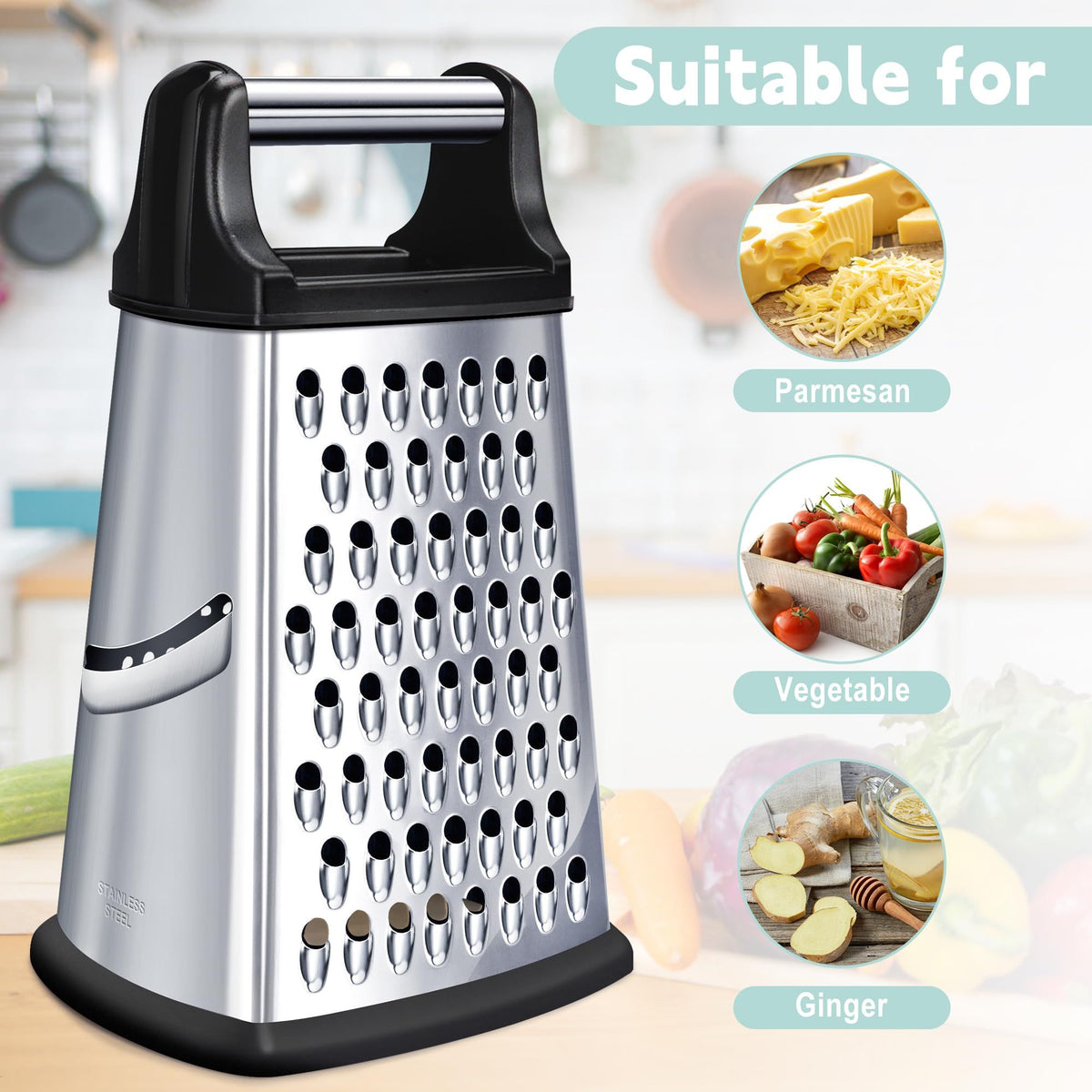 Stainless steel 4-sided cheese grater with detachable container, ideal for shredding cheese and food prep for babies and kids.