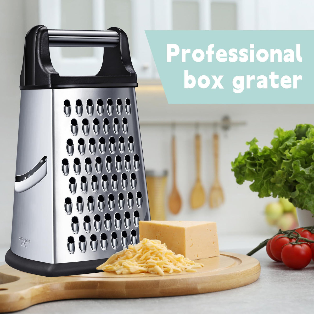 Four-sided stainless steel cheese grater with detachable container by Everything Baby, ideal for shredding cheese and food prep.