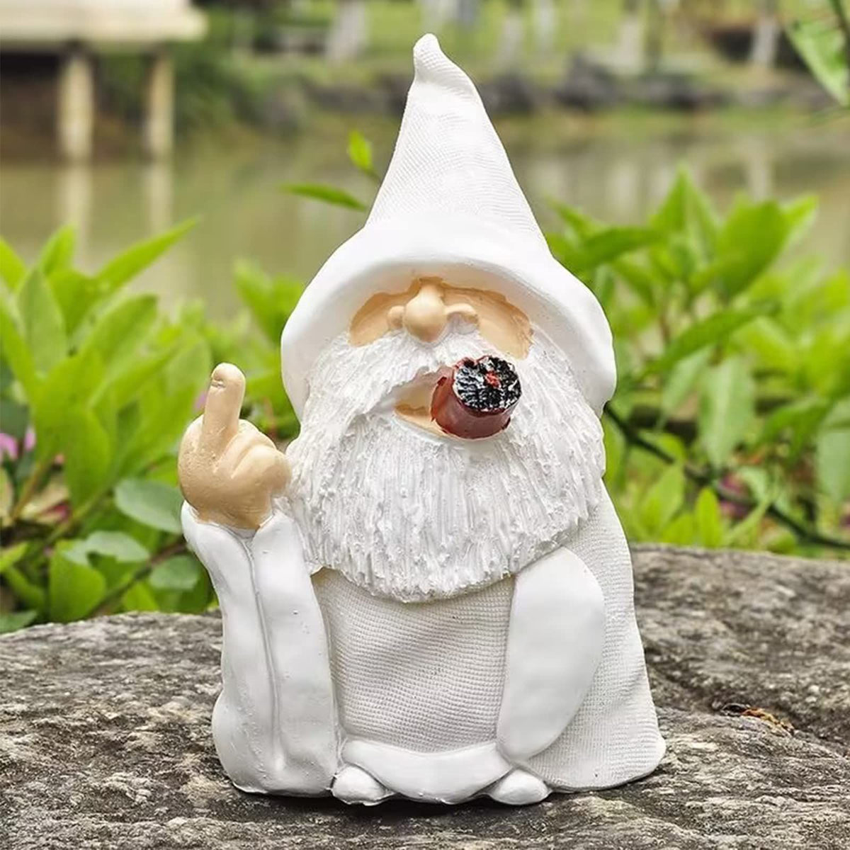 Funny garden dwarf outdoor statue of a mischievous smoking wizard dwarf sculpture for lawn and courtyard decoration.