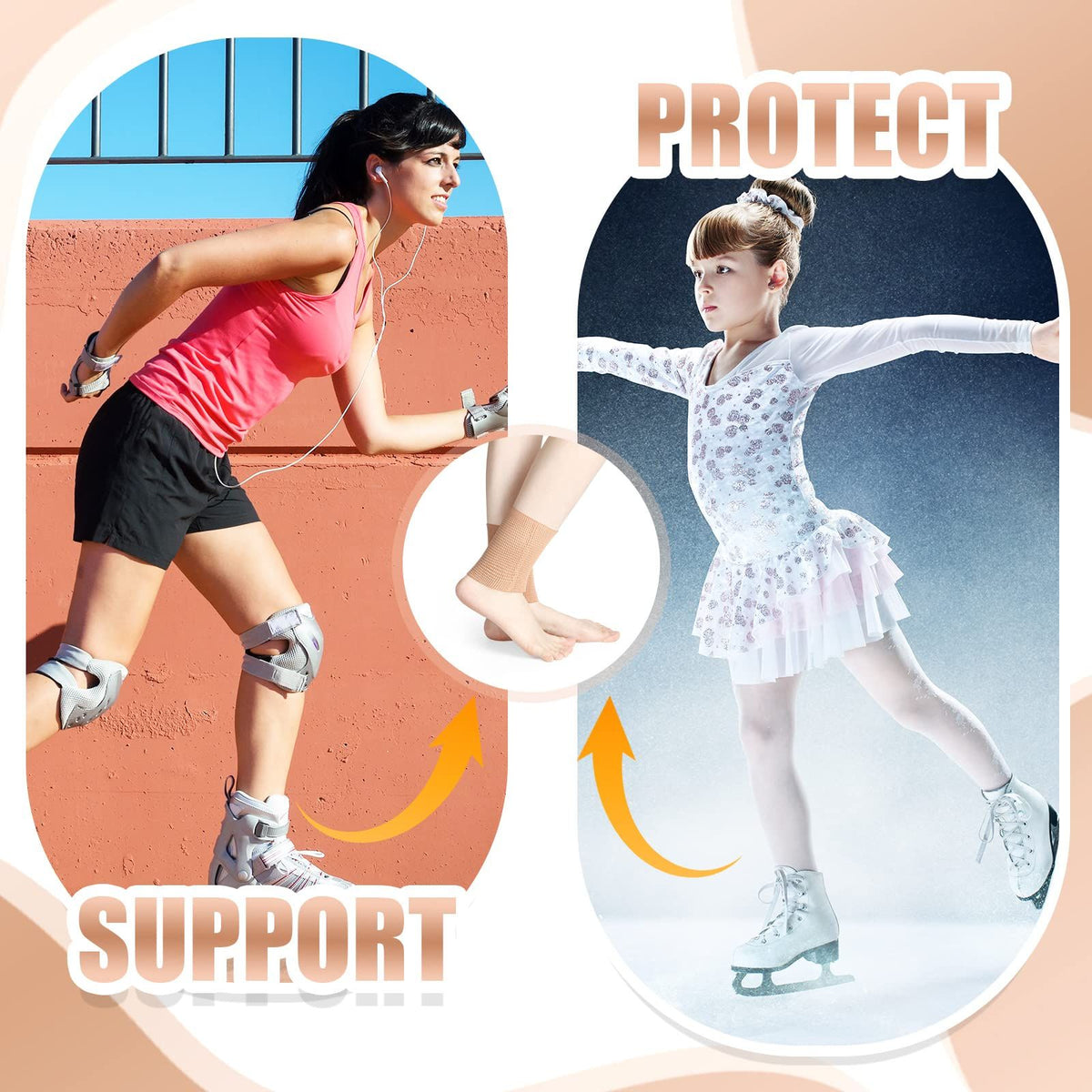 Pair of ankle gel sleeve pads for skating and protection, designed for kids, featuring compression and ankle support from Everything Baby.