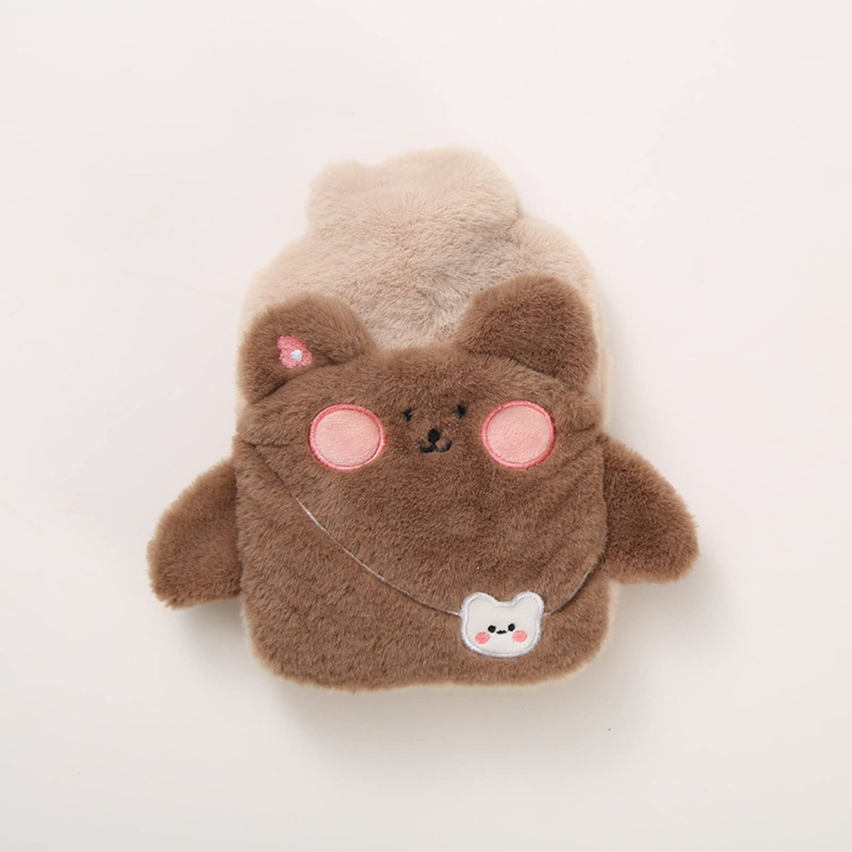 Cartoon hot water bottle with plush cover, portable hand warmer for kids, featuring a cute design and water injection for safe use.