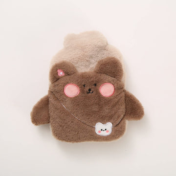 Cartoon hot water bottle with plush cover, portable hand warmer for kids, featuring a cute design and water injection for safe use.