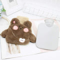 Cartoon hot water bottle with plush cover, designed for kids, portable hand warmer, cute and safe for pretend play and comfort.
