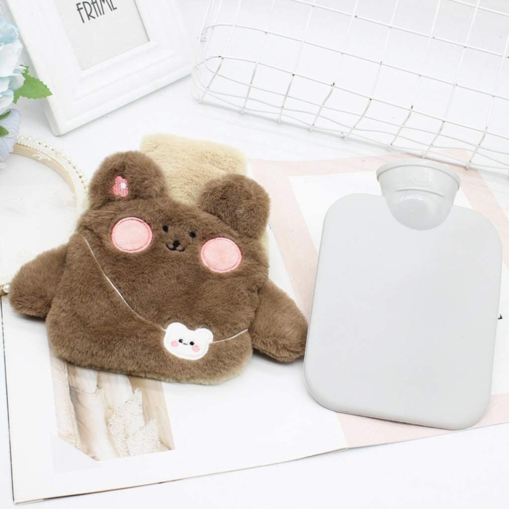 Cartoon hot water bottle with plush cover, designed for kids, portable hand warmer, cute and safe for pretend play and comfort.