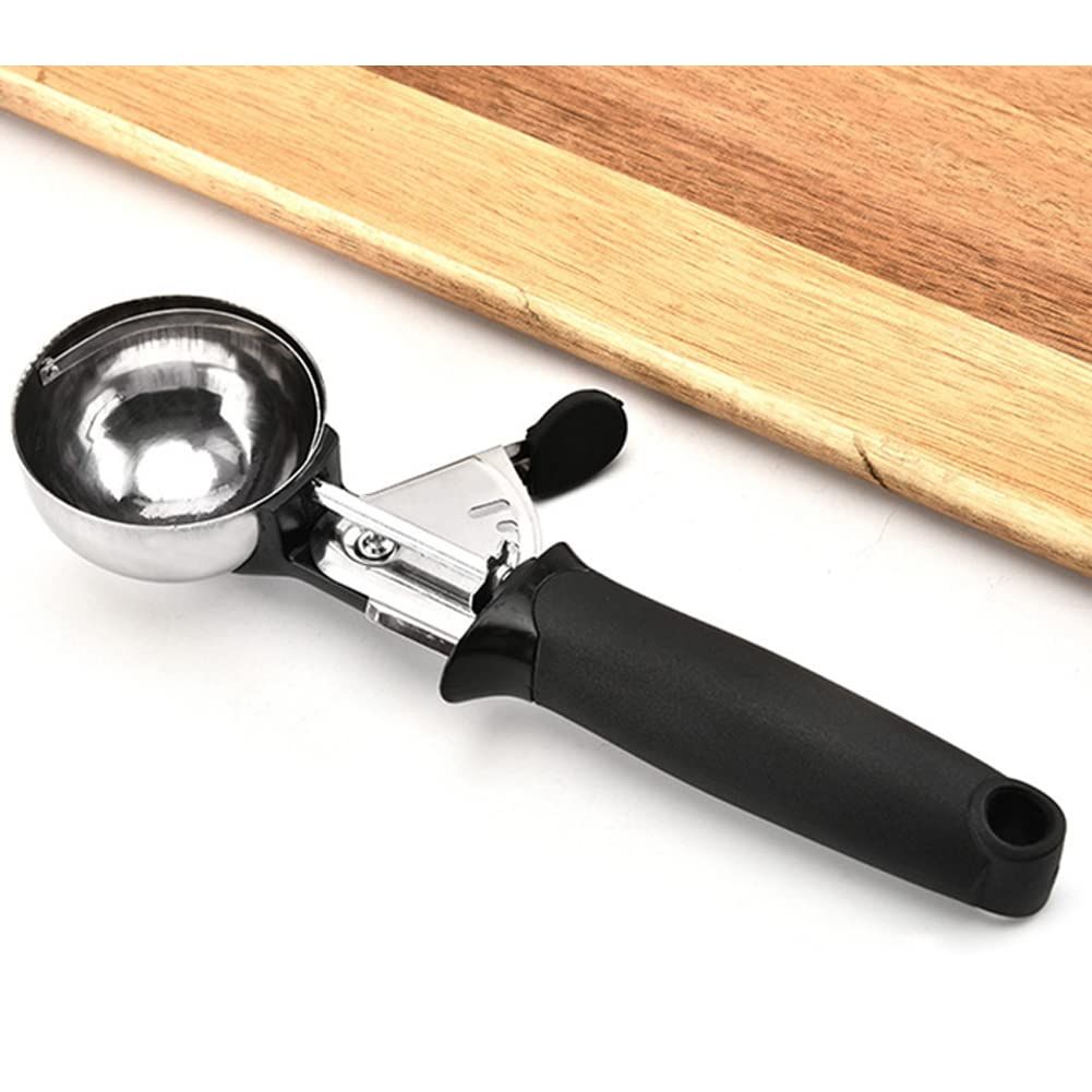 Ergonomic baby ice cream scoop with trigger and soft handle, ideal for serving frozen treats and baby feeding.