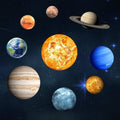 Set of 9 glow-in-the-dark planet wall stickers featuring Sun, Earth, and other planets, perfect for kids' room decor.