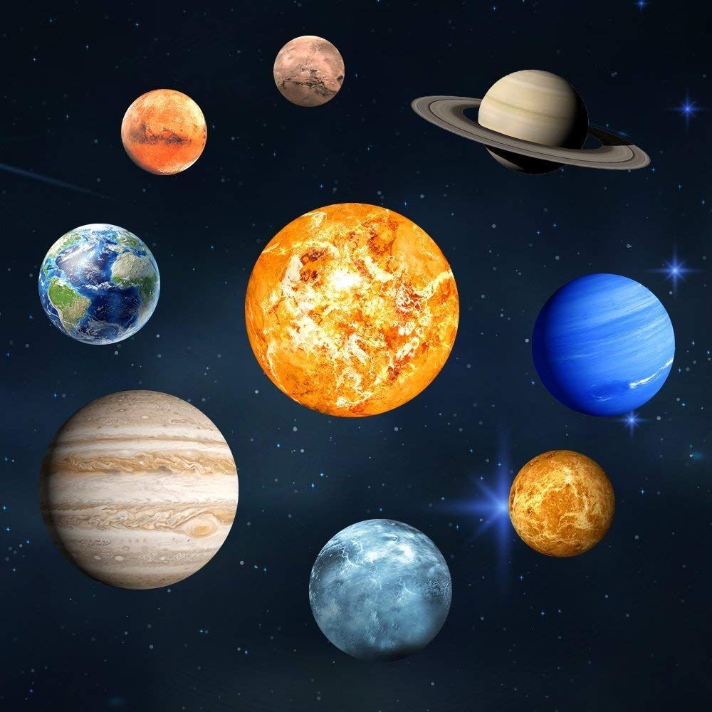 Set of 9 glow-in-the-dark planet wall stickers featuring Sun, Earth, and other planets, perfect for kids' room decor.