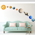 Set of 9 glow-in-the-dark planet wall stickers featuring Sun, Earth, and other planets, ideal for kids' room decor.