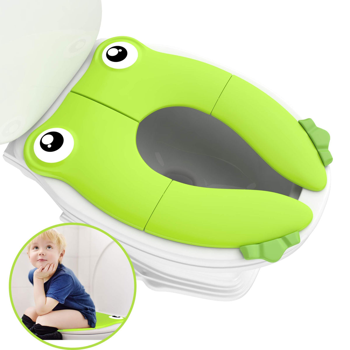Foldable portable potty training seat for kids, non-slip surface, recyclable material, suitable for boys and girls, by Everything Baby.