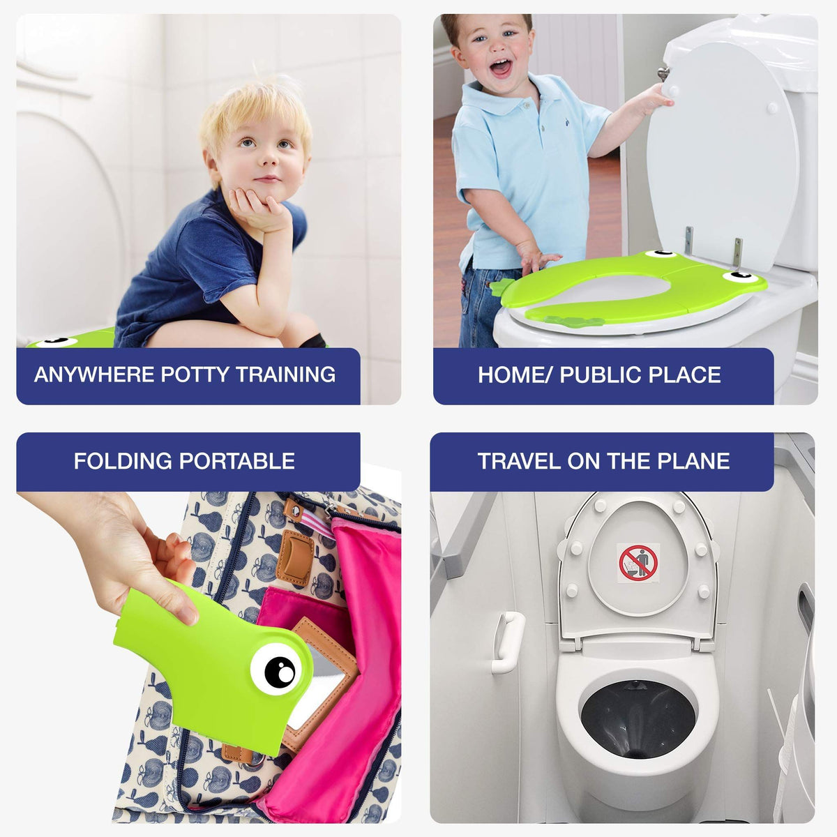Portable folding non-slip potty training seat for kids, featuring a recyclable, foldable design for toddlers' toilet use.