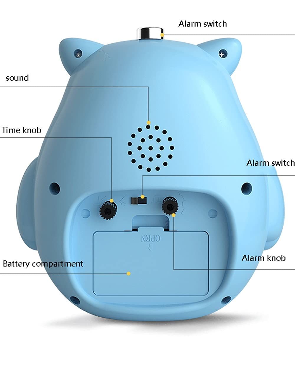 Cute children's alarm clock by Everything Baby with cartoon bell design, night light, portable, high-volume, rechargeable for kids' pretend play.