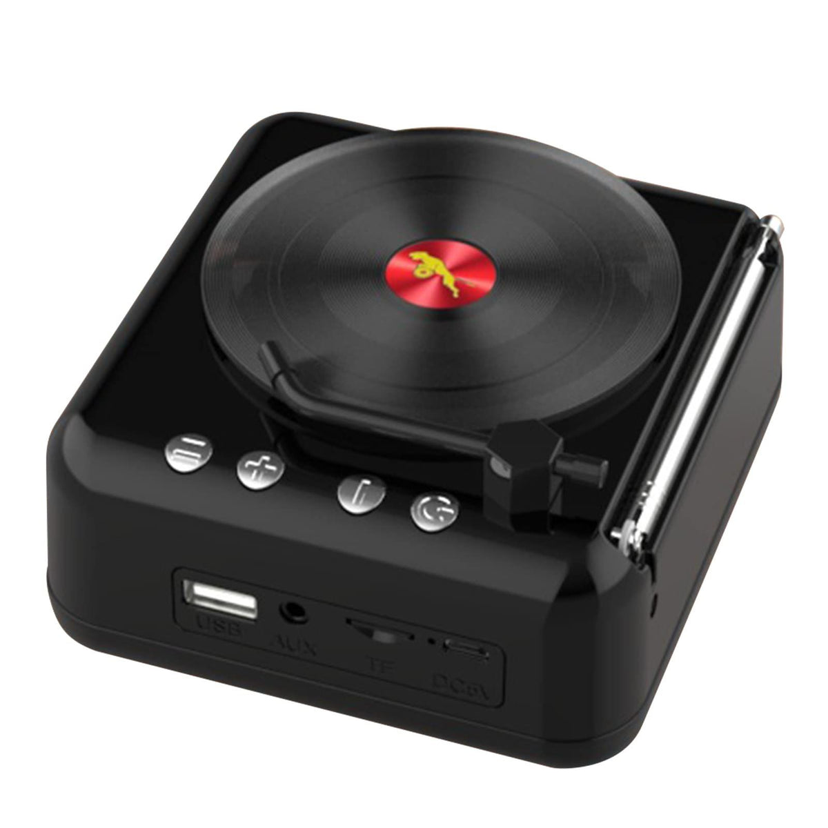 Black portable Bluetooth speaker by Everything Baby, compact design for outdoor, travel, and home use with long-lasting sound.