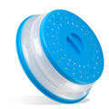Collapsible microwave splatter guard cover in blue, BPA-free and dishwasher safe, designed for food protection and easy storage.