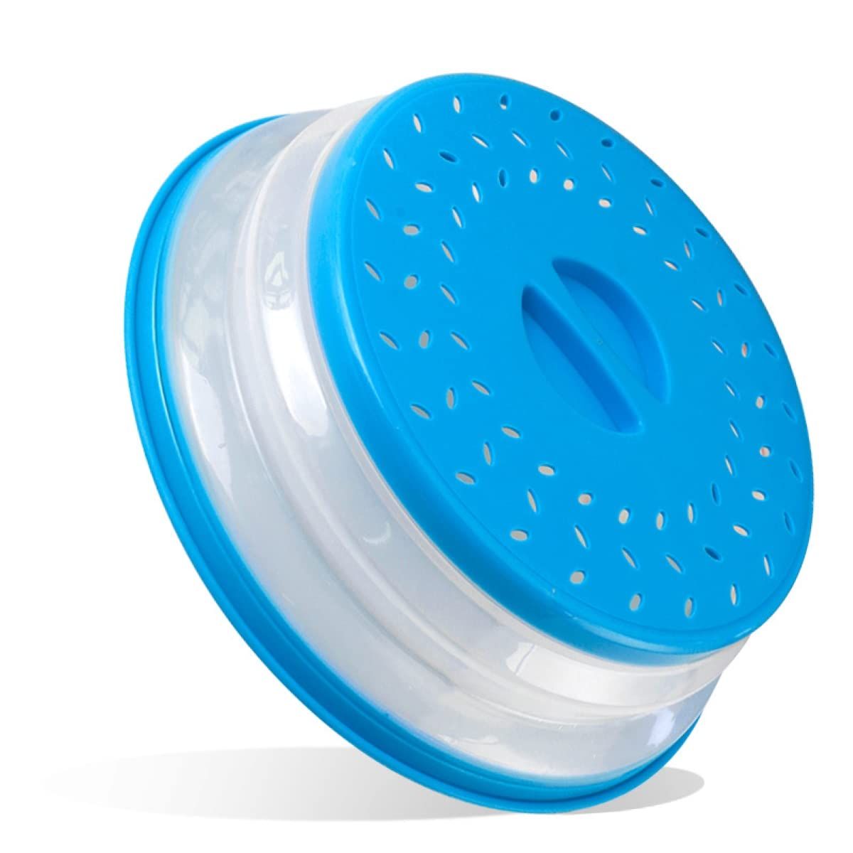 Collapsible microwave splatter guard cover in blue, BPA-free and dishwasher safe, designed for food protection and easy storage.