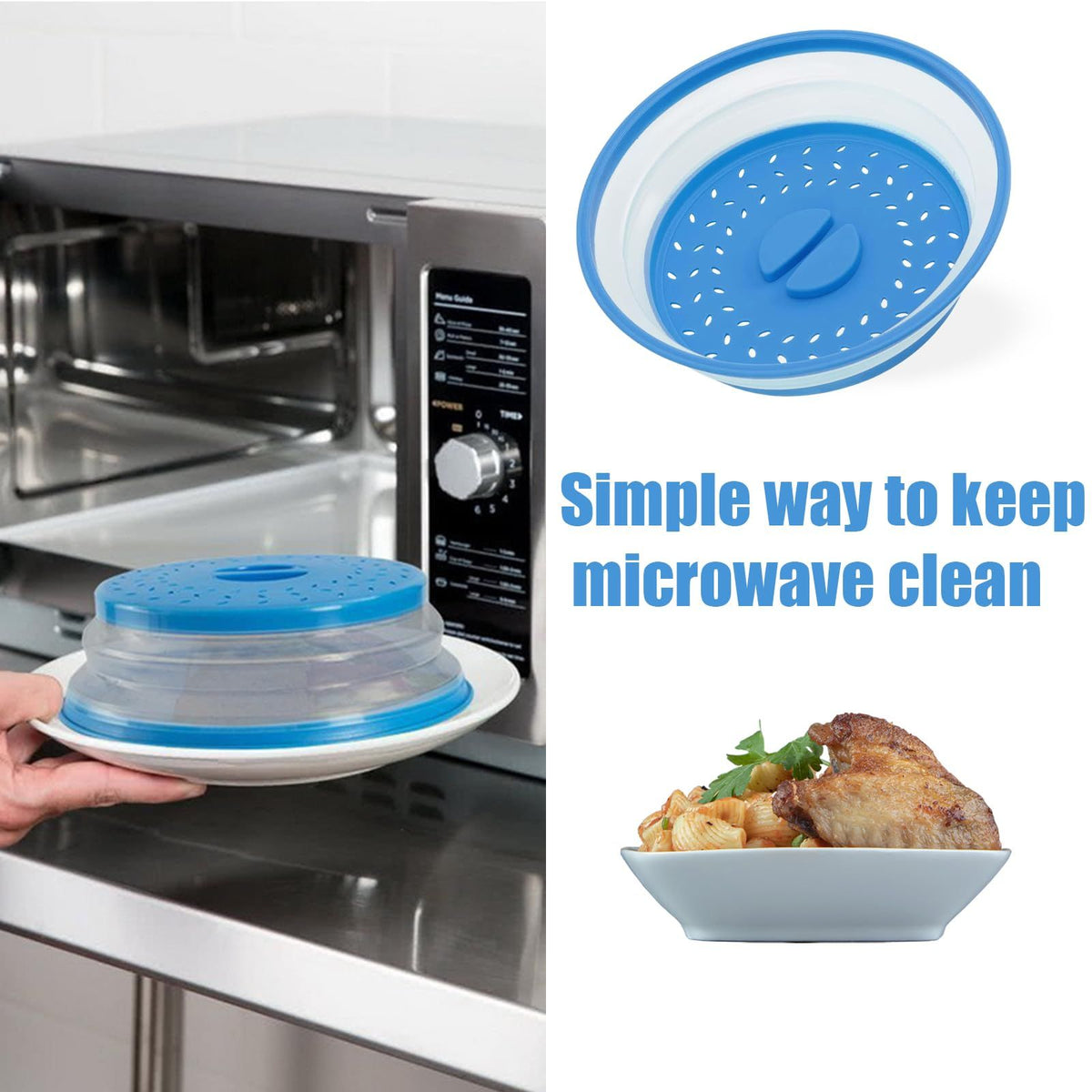 Collapsible microwave splatter guard cover by Everything Baby, BPA-free, dishwasher safe, protects food and easy to store.