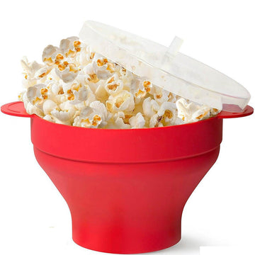 Silicone collapsible popcorn popper with lid and handles, dishwasher safe, designed for fun pretend play with kids, by Everything Baby.