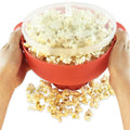 Silicone collapsible popcorn popper with lid and handles, ideal for microwave use, dishwasher safe, in a pretend play toy setting