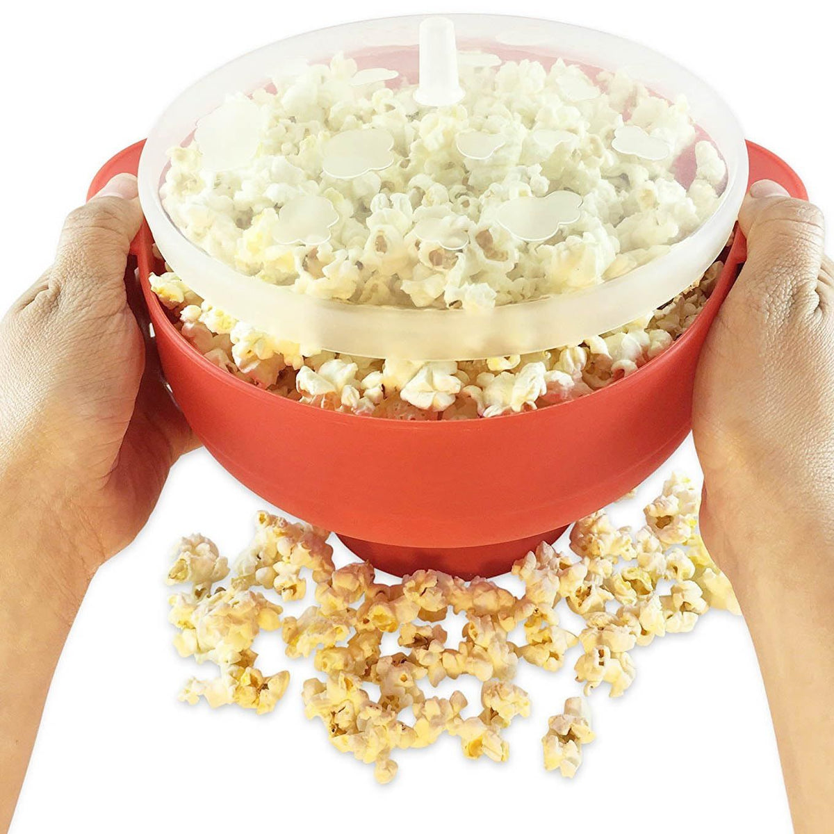 Silicone collapsible popcorn popper with lid and handles, ideal for microwave use, dishwasher safe, in a pretend play toy setting