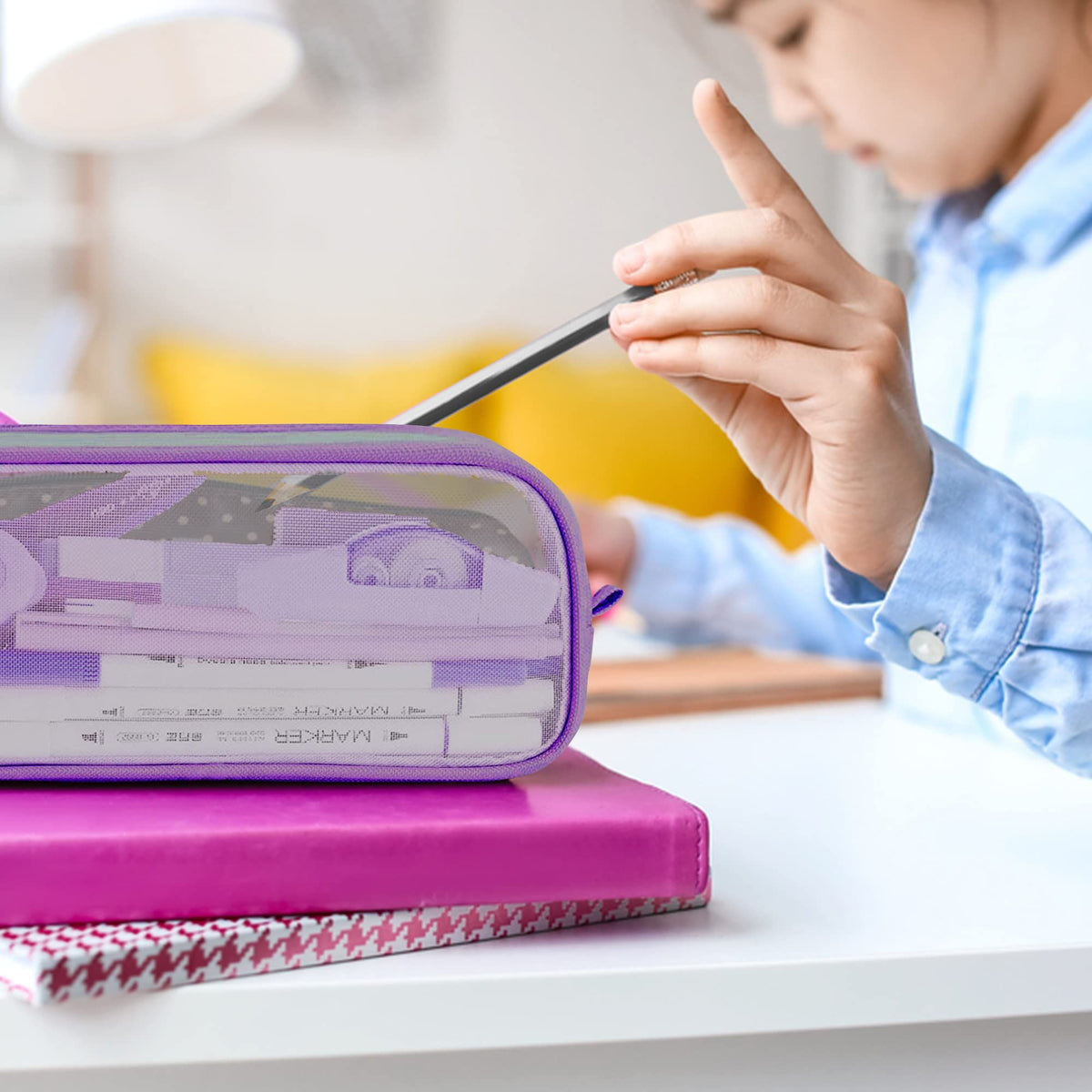 Grid mesh pencil case for kids by Everything Baby, portable desk organizer with pen and stationery compartments.