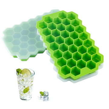 Two AUSSUA silicone ice cube trays with sealing lids, reusable hexagonal ice molds suitable for baby and kids feeding.