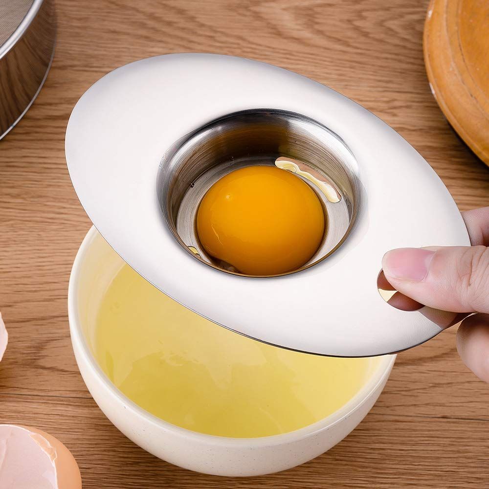 Premium stainless steel egg separator tool for baking, designed to easily separate egg yolks and whites for cooking and baking.