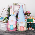 Handmade Easter Bunny Gnome plush dolls holding Easter eggs, perfect for spring decor and kids’ pretend play.