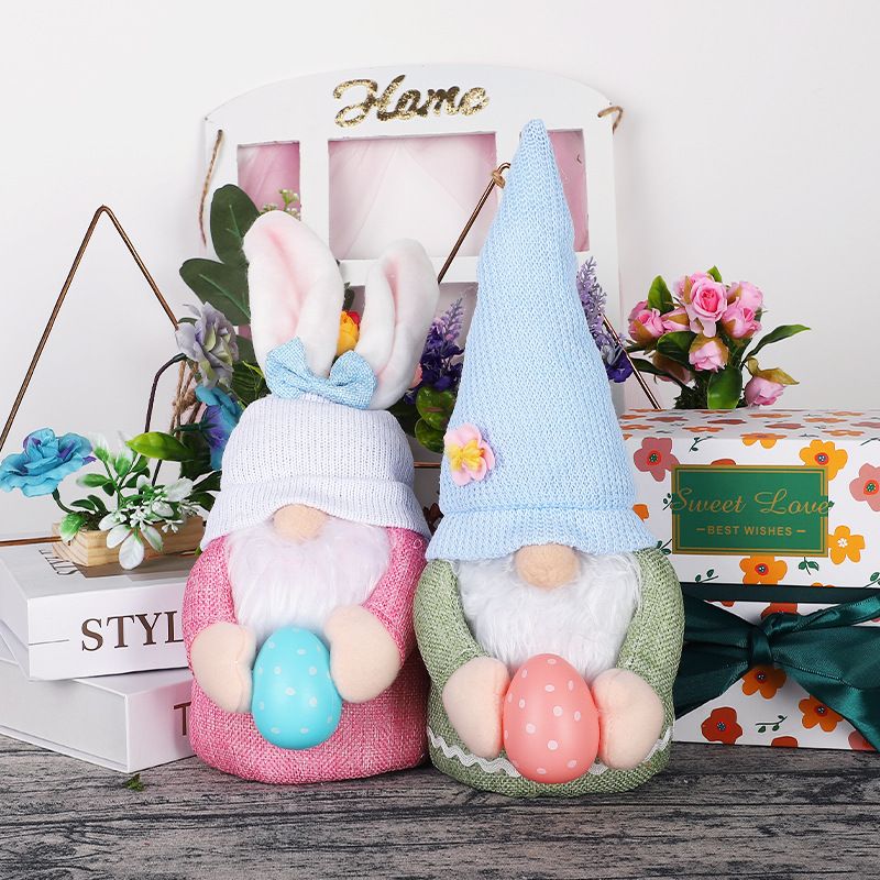 Handmade Easter Bunny Gnome plush dolls holding Easter eggs, perfect for spring decor and kids’ pretend play.