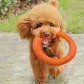 Floating foam border collie-shaped EVA dog toy with pull ring, chew resistant, ideal for training and play.