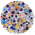 Set of 83 colorful cartoon astronaut stickers by Everything Baby, waterproof vinyl stickers for laptops, tablets, and kids' pretend play.