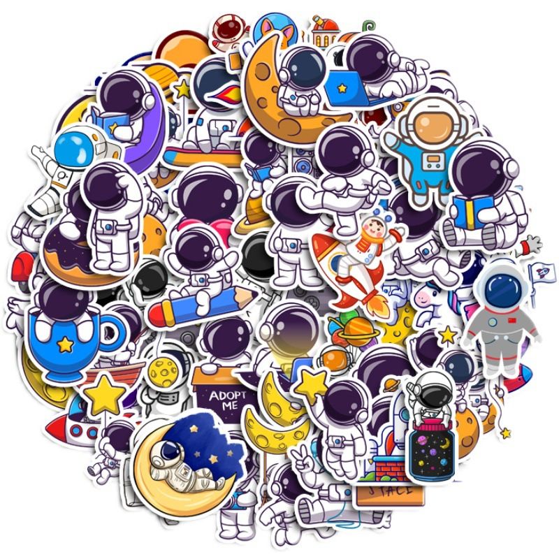 Set of 83 colorful cartoon astronaut stickers by Everything Baby, waterproof vinyl stickers for laptops, tablets, and kids' pretend play.