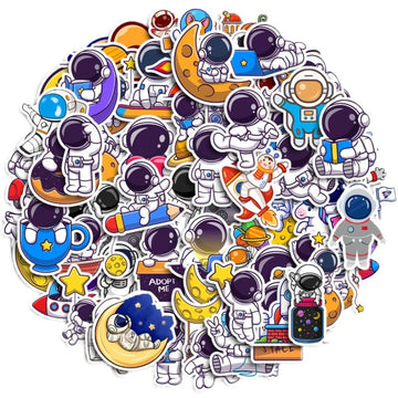 Set of 83 colorful cartoon astronaut stickers by Everything Baby, waterproof vinyl stickers for laptops, tablets, and kids' pretend play.