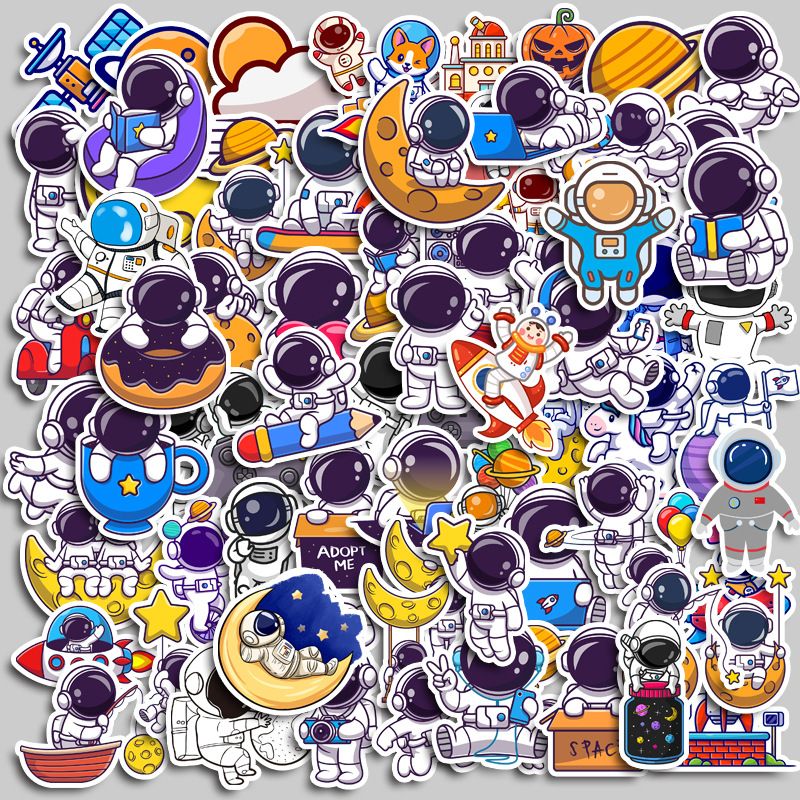 Set of 83 colorful waterproof astronaut stickers for boys, teens, and girls, perfect for laptops and tablets, by Everything Baby.