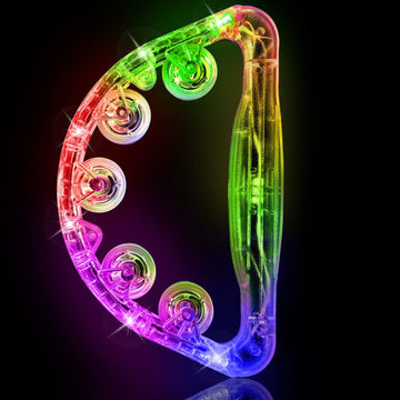 Colorful handheld musical flashing tambourine toy with lights, designed for kids' pretend play and birthday party celebrations.
