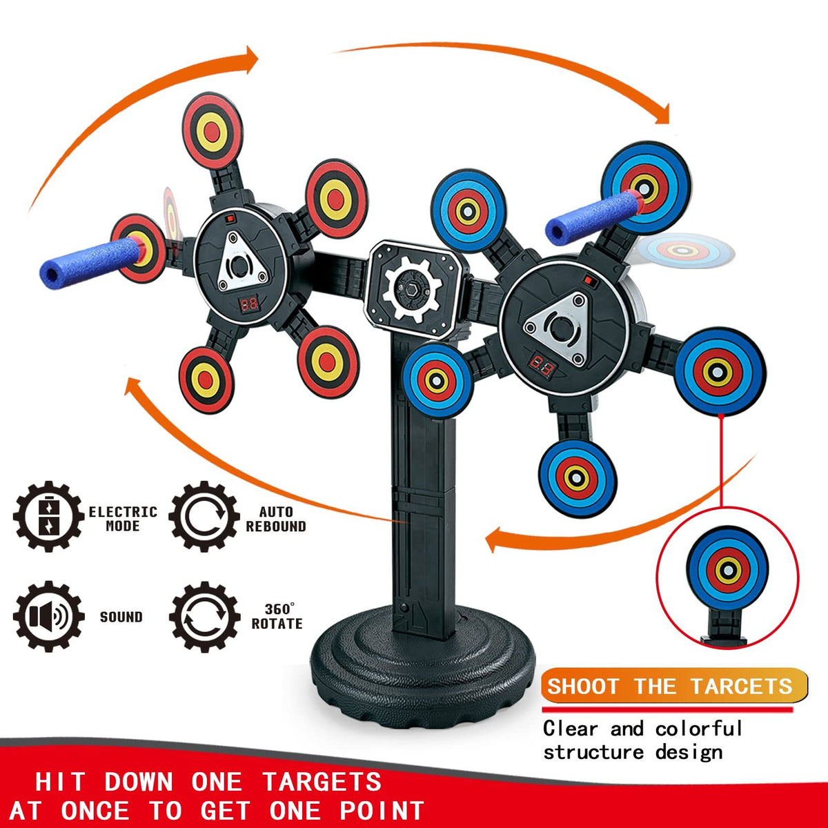Electronic rotating moving target auto reset for kids, features digital display, colorful design, and is suitable for ride-on toy gifts.