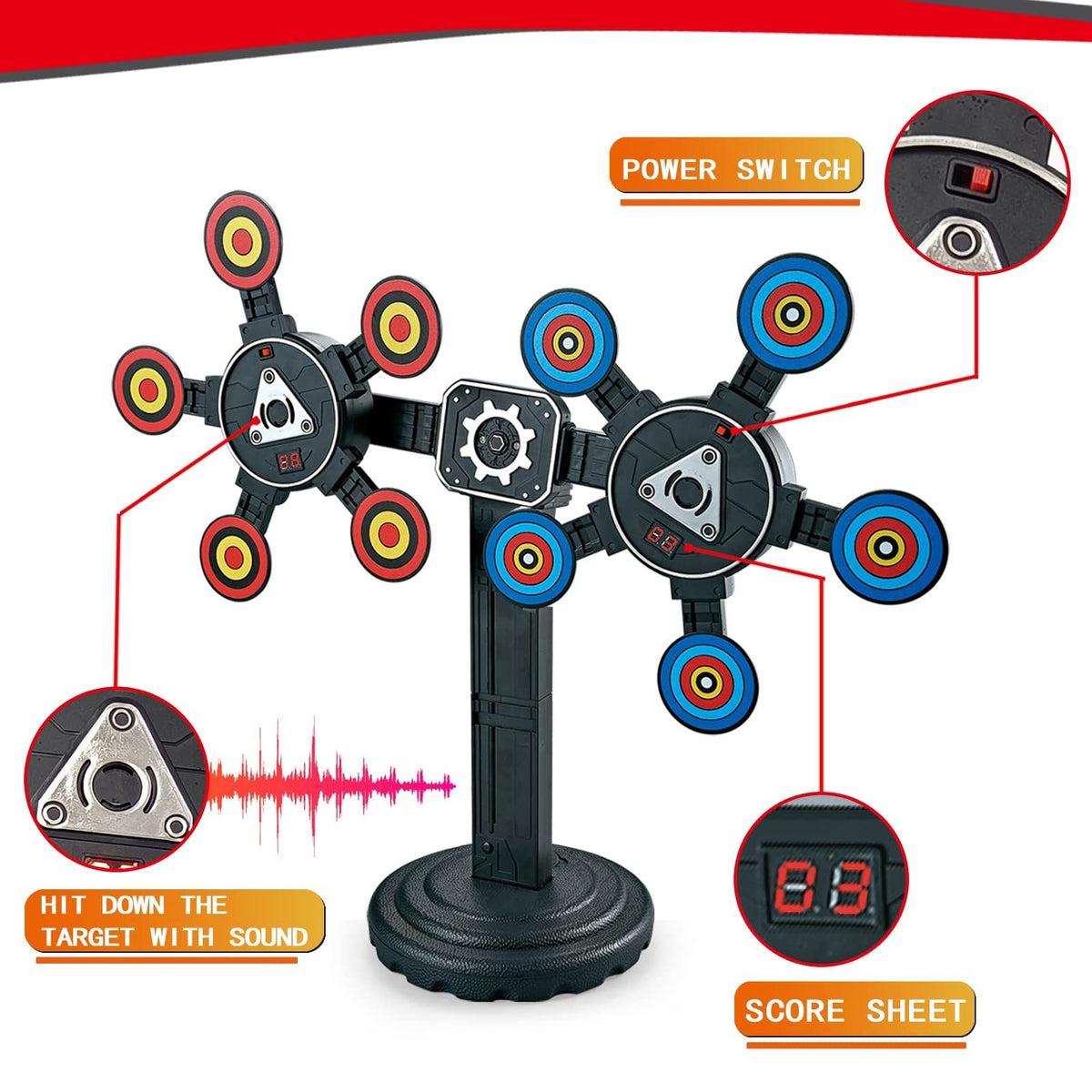Electronic rotating moving target toy from Everything Baby, featuring digital reset for kids' ride-on car game.