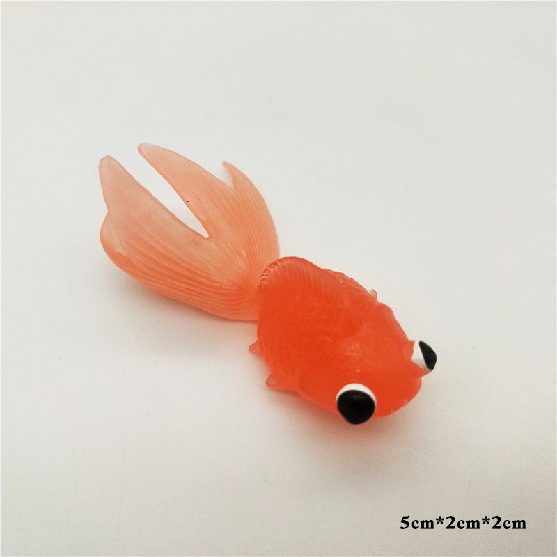 Five colorful plastic fake goldfish ornaments for aquariums, realistic moving fish decorations for kids' toy displays.