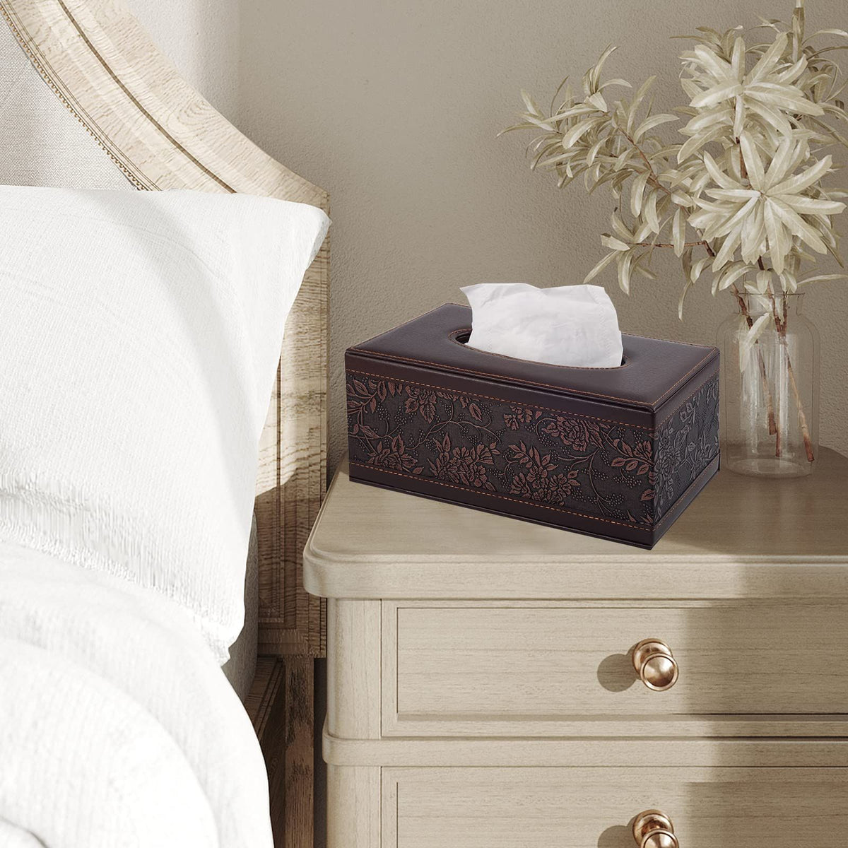 Leather tissue box on a dining table, stylish and functional for living rooms, hotels, and KTV settings by Everything Baby.